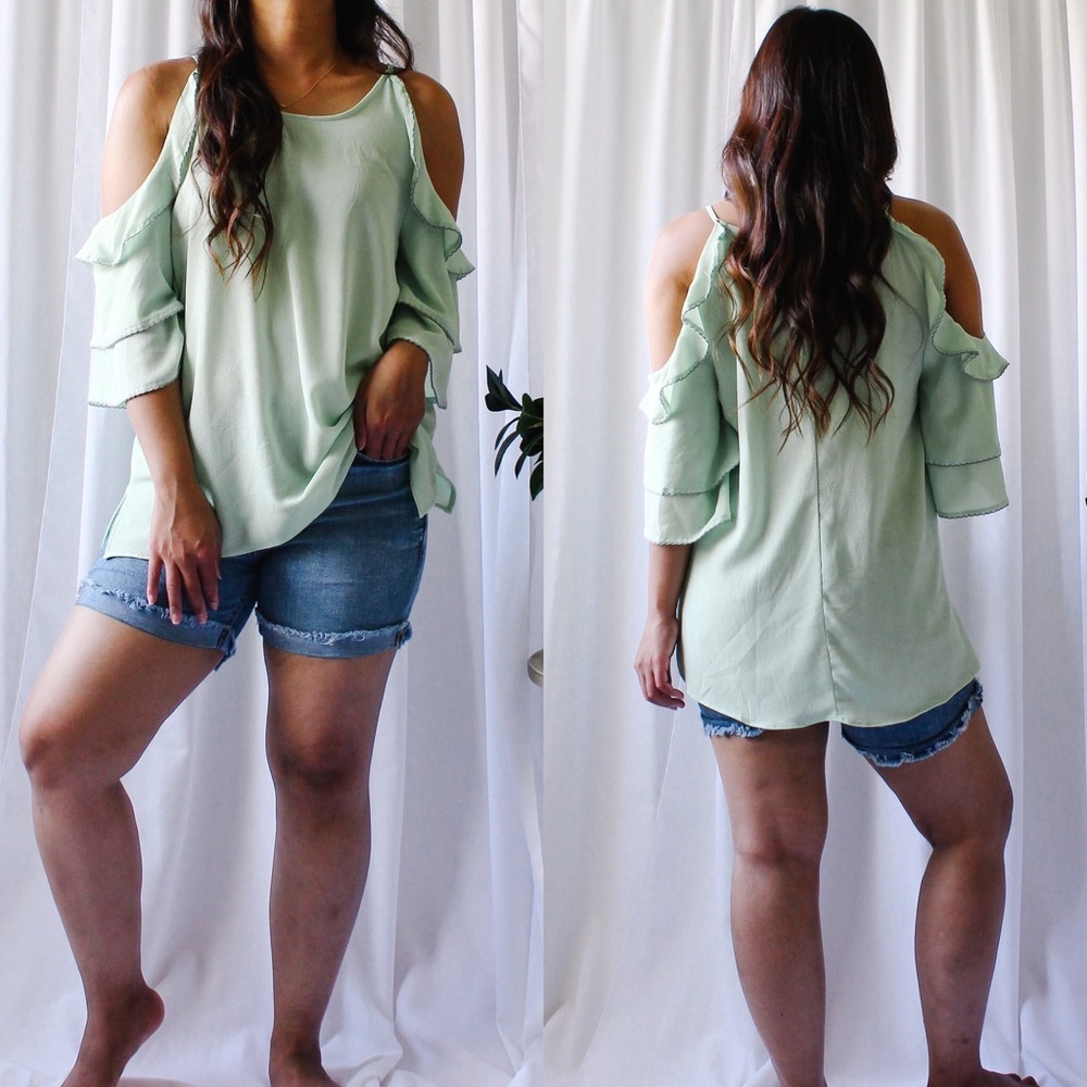 STORE CLOSING SALE! Green Ruffle Sleeve Cold Shoulder Top - Picture 6 of 6